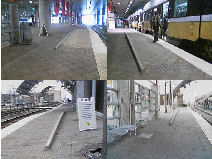 Curb edge of narrow second car boarding areas ending in middle of platform. Shown in four views, two each from Cedars and Convention Center Stations to show both directions of travel.