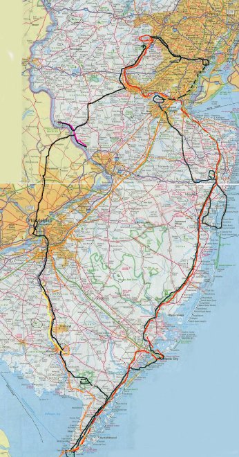 New Jersey Map showing planned and actual route