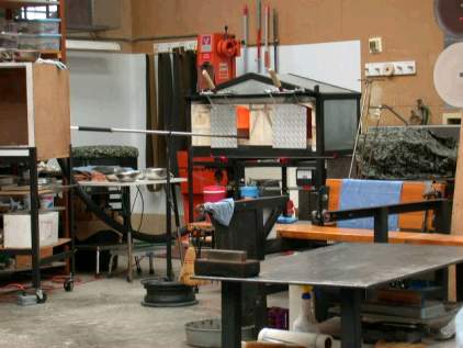 Houston Studio Glass dusting hood, gas garage, marver, spare bench.