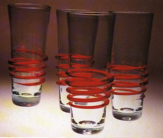 50's clear glasses with red spiral thread wrap