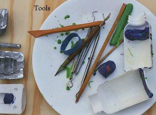 Tools for working clay and wax, green wax