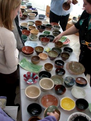 Assortment of bowls for choice at Empty Bowls 04