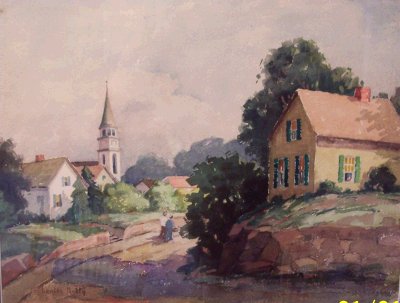 Louse Kelly painting watercolor New England village with church