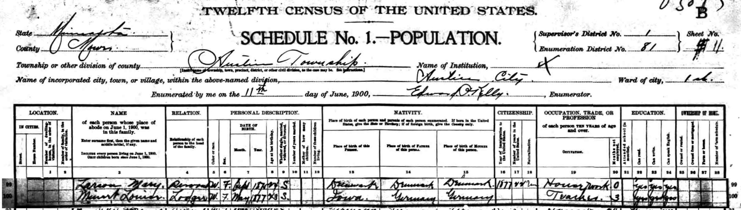 Census page in MN in 1900