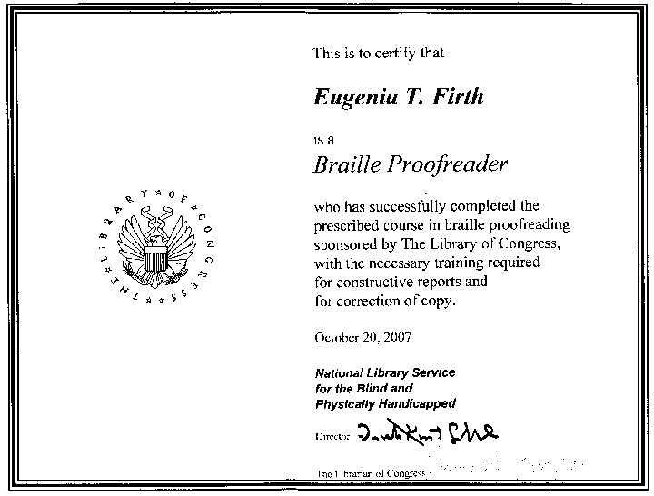 Certificate of Braille Proofreading from LoC, scanned, reduced