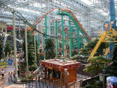 Interior court of Mall of America with full sized rollercoasters