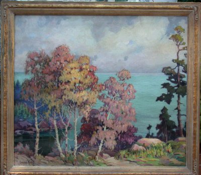 Louise Kelly painting northern Minnesota lake shore in Hormel House