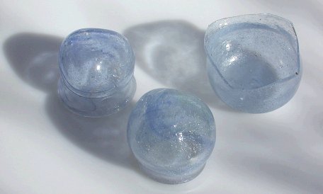 Three blue glass bowls, 2 with 3 sided bottoms, for Empty Bowls project