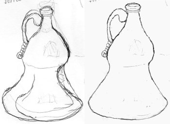 Drawing of bottle before and after editing