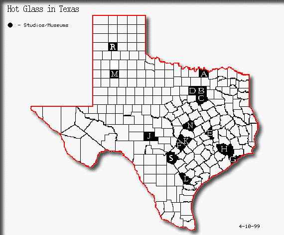 County map of Texas with Glass Studio locations marked.